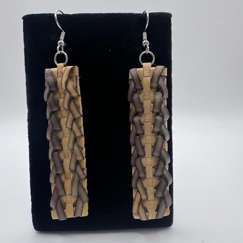 Handmade Lauhala Hawaiian Earrings Rectangular Two Tone Natural Brown Dangle